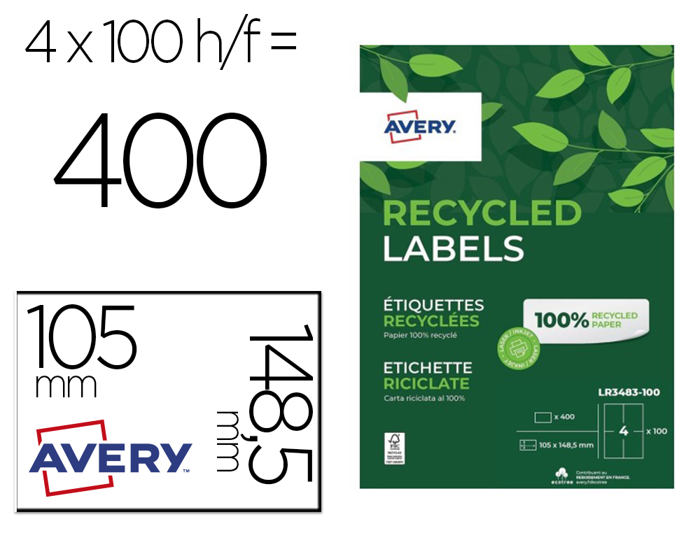 ETIQUETTES AVERY RECYCLEES MULTIUSAGES 105X148,5 MM      COLORIS BLANCHES 400 UNITES